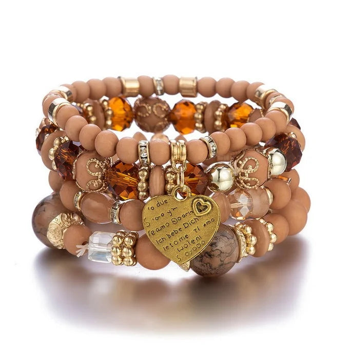 4pcs/set Boho Strand Bracelets For Women Crystal Beads Bracelets Heart Letter Elastic Bangles Wristband Yoga Jewelry Gifts