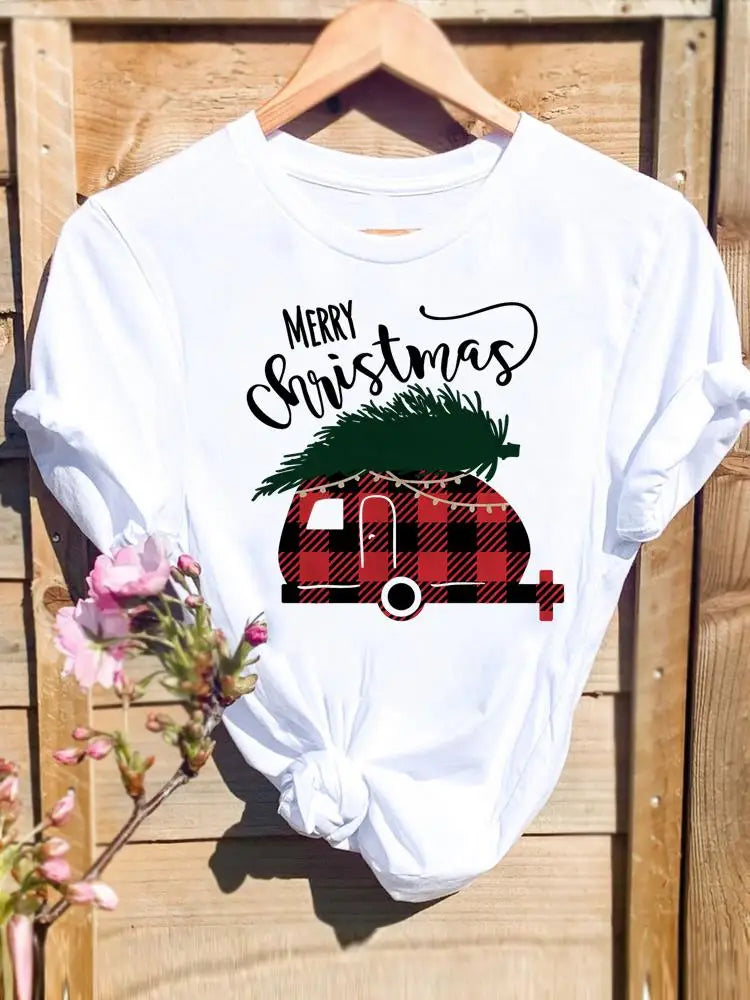 Merry Christmas New Year Holiday Graphic T Tee Fashion Cat Tree Lovely 90s Cute Harajuku Kawaii T-shirt Women's Y2K Clothing