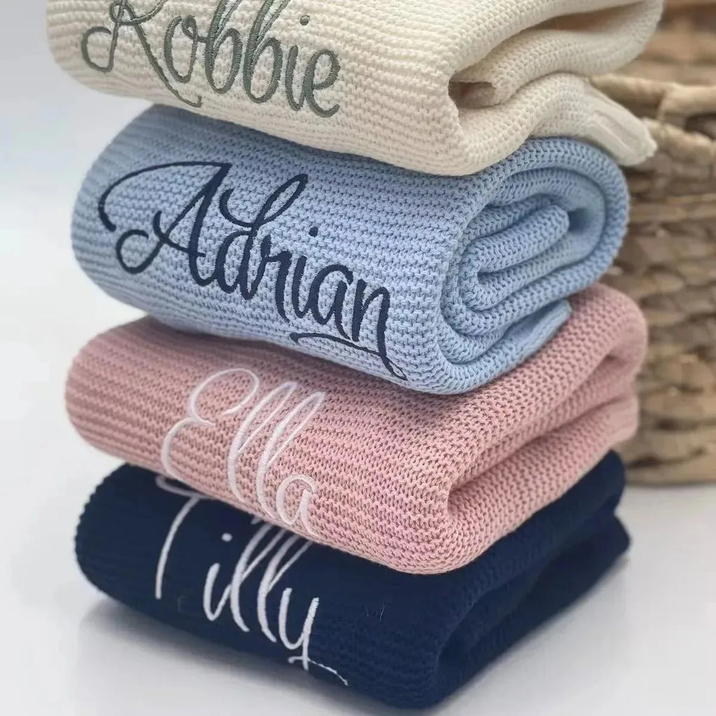 Customize Name Baby Blanket - Embroidered Design Great for New Borns Stroller Swaddles Comfort Breathable Cotton Knitted Blanket