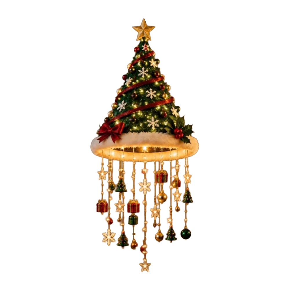 LED Santa Hat Hanging Light Christmas Pendant Lamp with Tassel Bell Star Ornaments Xmas Holiday Party Home Wall Ceiling Decor