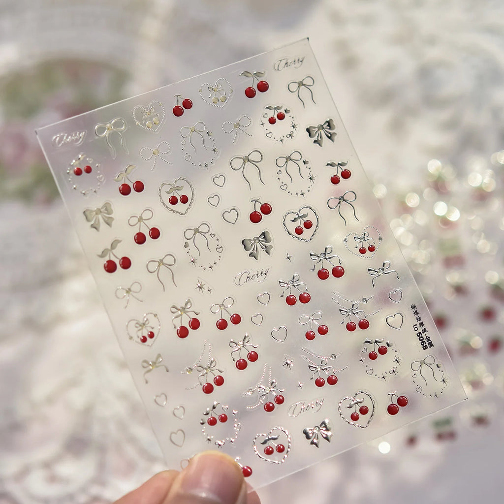Sweet Strawberry Bow Nail Art Stickers 5D Gold Silver Strawberry Cherry Metal Nail Stickers DIY Japanese Nails Decoration Decals