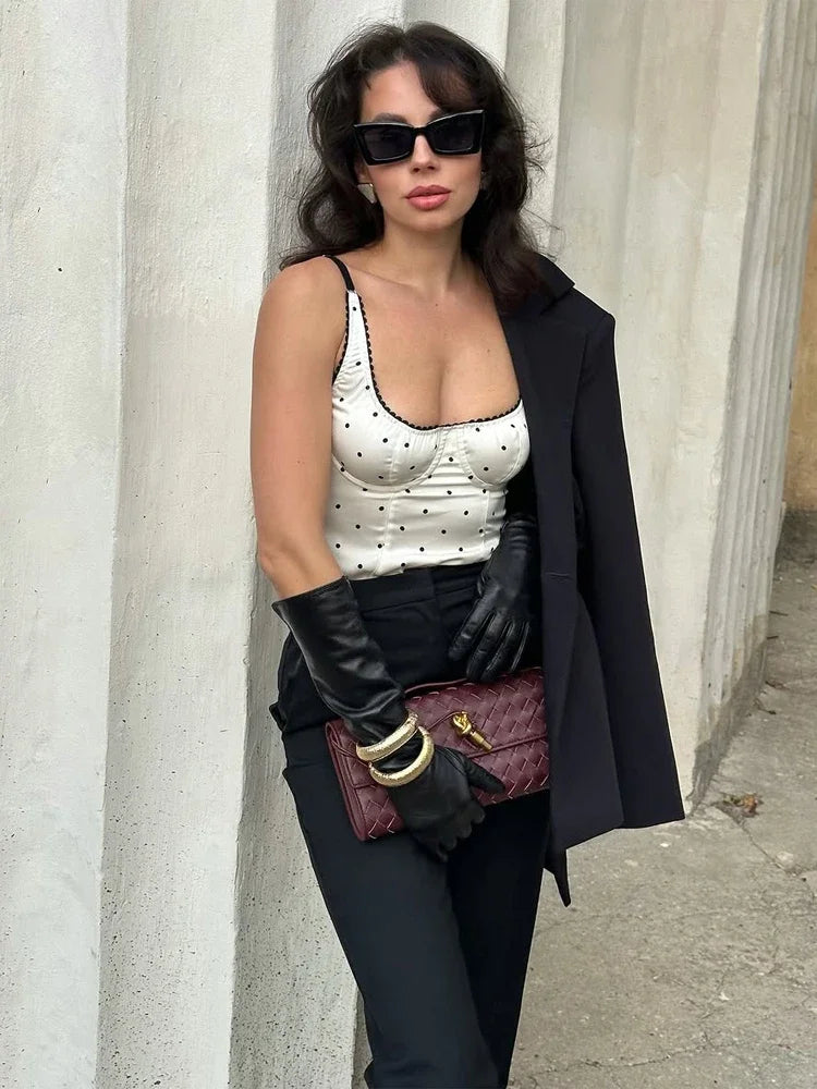 Retro Polka Dot Sling Short Tops Women Sexy Square Neck Off-shoulder Slim Cropped Blouse 2026 Lady Spring Daily Street T-shirt