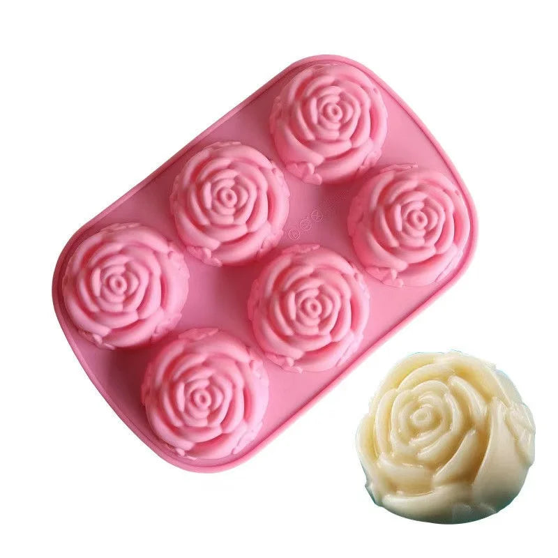 1pc 6 Hole Silicone Rose Cake Mold Rose Soap Molds Non-Stick Handmade Candle Mould Muffin Candy DIY Baking Tray Jelly Tool