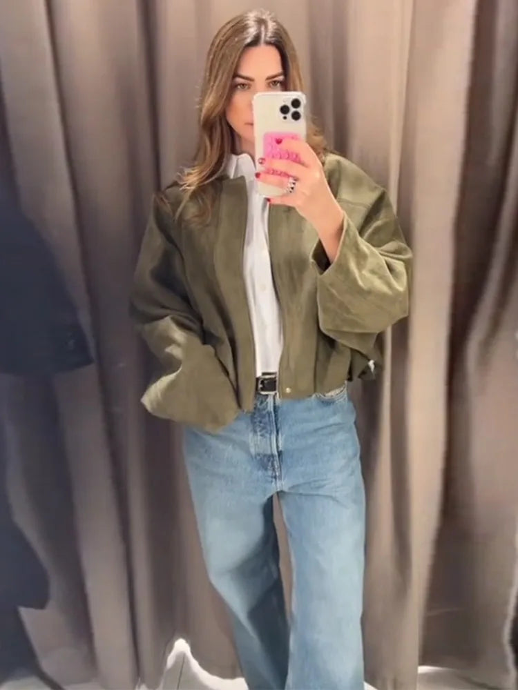 Vintage Brown Women's Suede Jacket Women Zipper Long Sleeve Pocket Loose Short Bomber Coat 2025 Spring Lady High Street Outwear