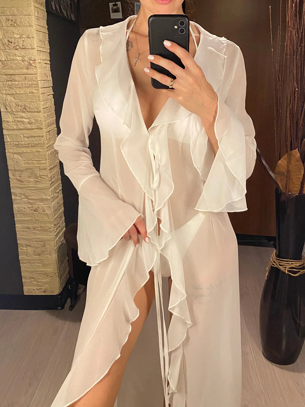 Women's V Neck Ruffled Long Sleeve Dress Chiffon Tunic Beach Cover Up Cover-ups Beach Dress Sunscreen Beachwear Vacation V5976B