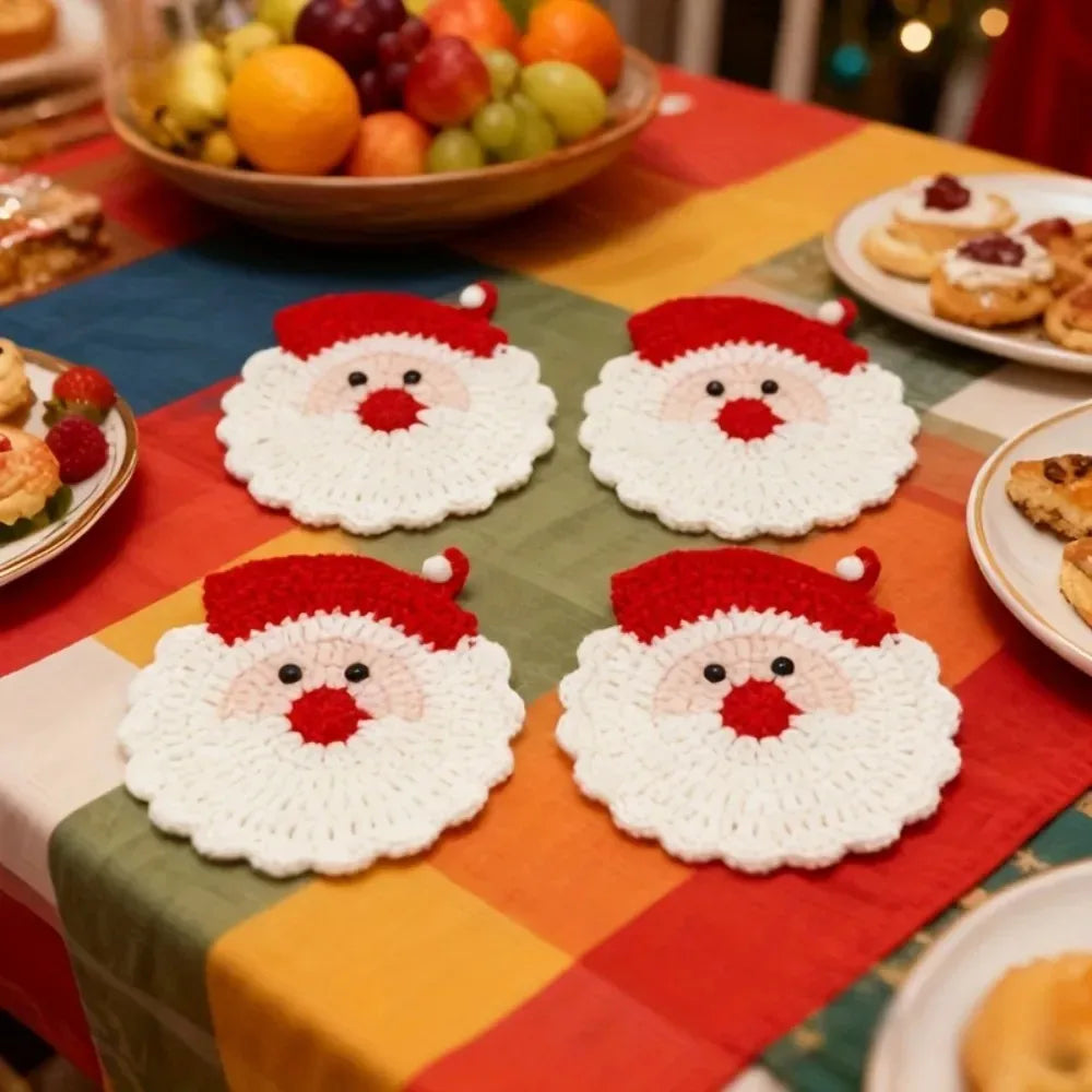 Christmas Santa Coasters Handmade Crochet Mug Mats Set Holiday Table Decoration Gift for Her Christmas Decorations for Home