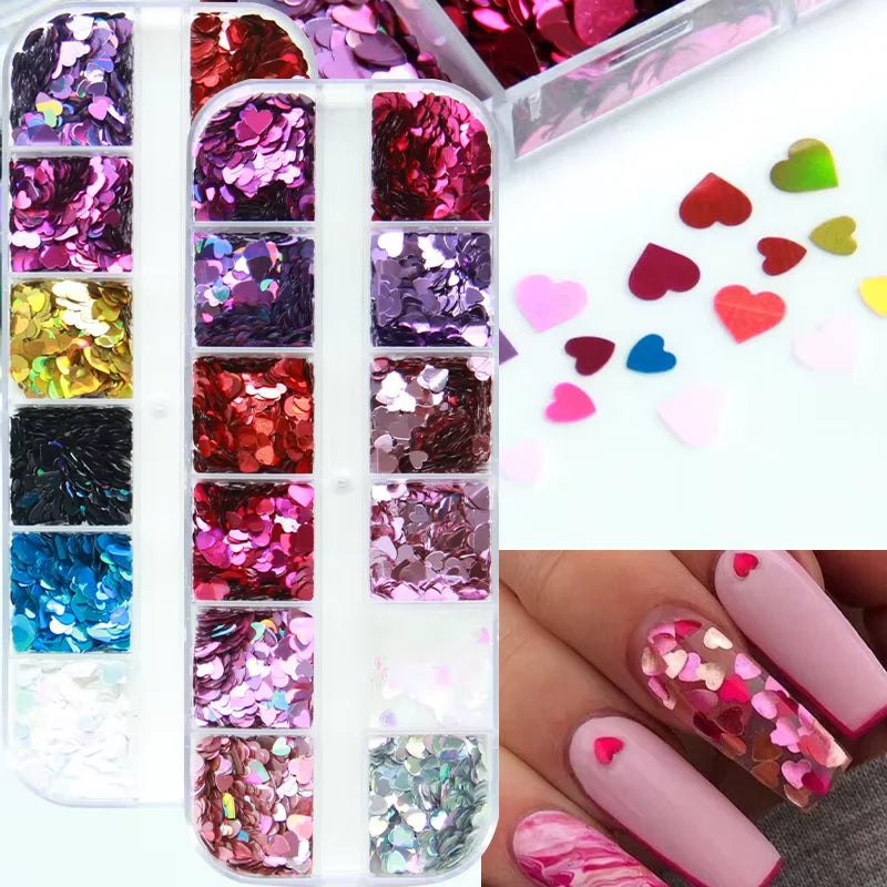 Holographic Sweet Love Heart Nail Art Glitter Sequins Shining Laser Fluorescence Star Butterfly 3D Nails Decorations Accessories