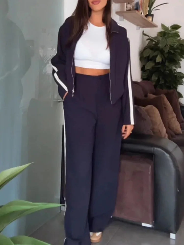 HH 2024 Women Stripe Top Trousers Sports Suits Female Long Sleeves Zip Lapel Coat+High Waist Wide Leg Pants Two-piece Set