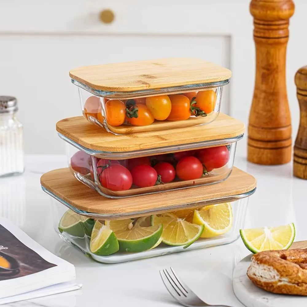 Glass Fresh-Keeping Box Heat-Resistant Bamboo Lid Microwave Oven Lunch Box Leakproof High Borosilicate Office Worker Bento Box