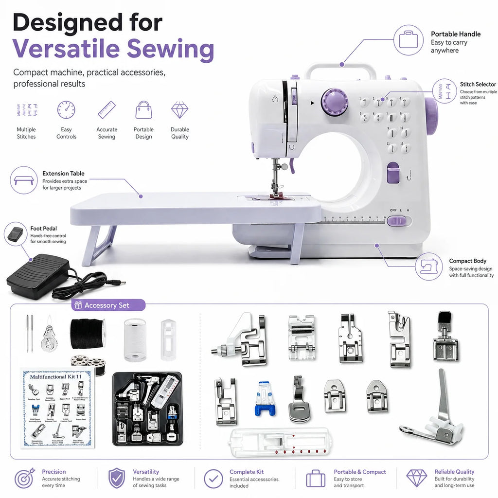 A sewing machine suitable for beginners, with an extension table, comes with an 11-foot presser set, has 12 stitch patterns