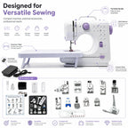 A sewing machine suitable for beginners, with an extension table, comes with an 11-foot presser set, has 12 stitch patterns