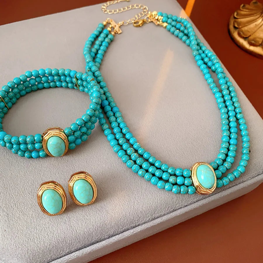 1/3 Pcs Bohemian Multi-layered Green Stone Beaded Stretch Bracelet Earrings Necklace Ethnic String Charm Women's Jewelry Set N1
