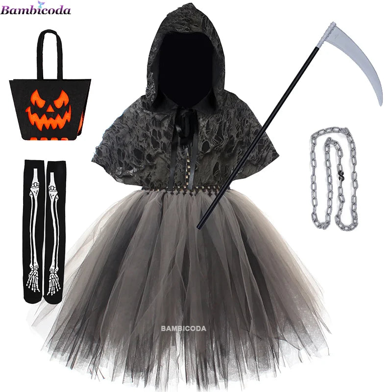 2025 Girls Demon Horror Death Halloween Costume Cosplay Fancy Dress Party Medieval Hooded Cloak Clothing Party Grim Clothes ﻿