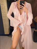 Women's V Neck Ruffled Long Sleeve Dress Chiffon Tunic Beach Cover Up Cover-ups Beach Dress Sunscreen Beachwear Vacation V5976B