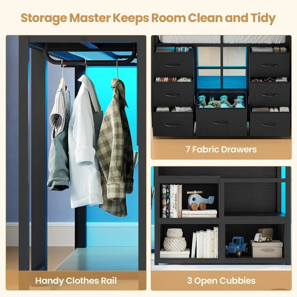 Low Loft Bed Twin Size with Stairs, LED Lights, 7 Drawers & Storage for Kids, Black