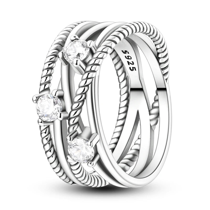 Original 925 Silver Sparkling Zircon Ring Stackable Classic Shine Stone Round Rings For Women Wedding Anniversary Jewelry Gift