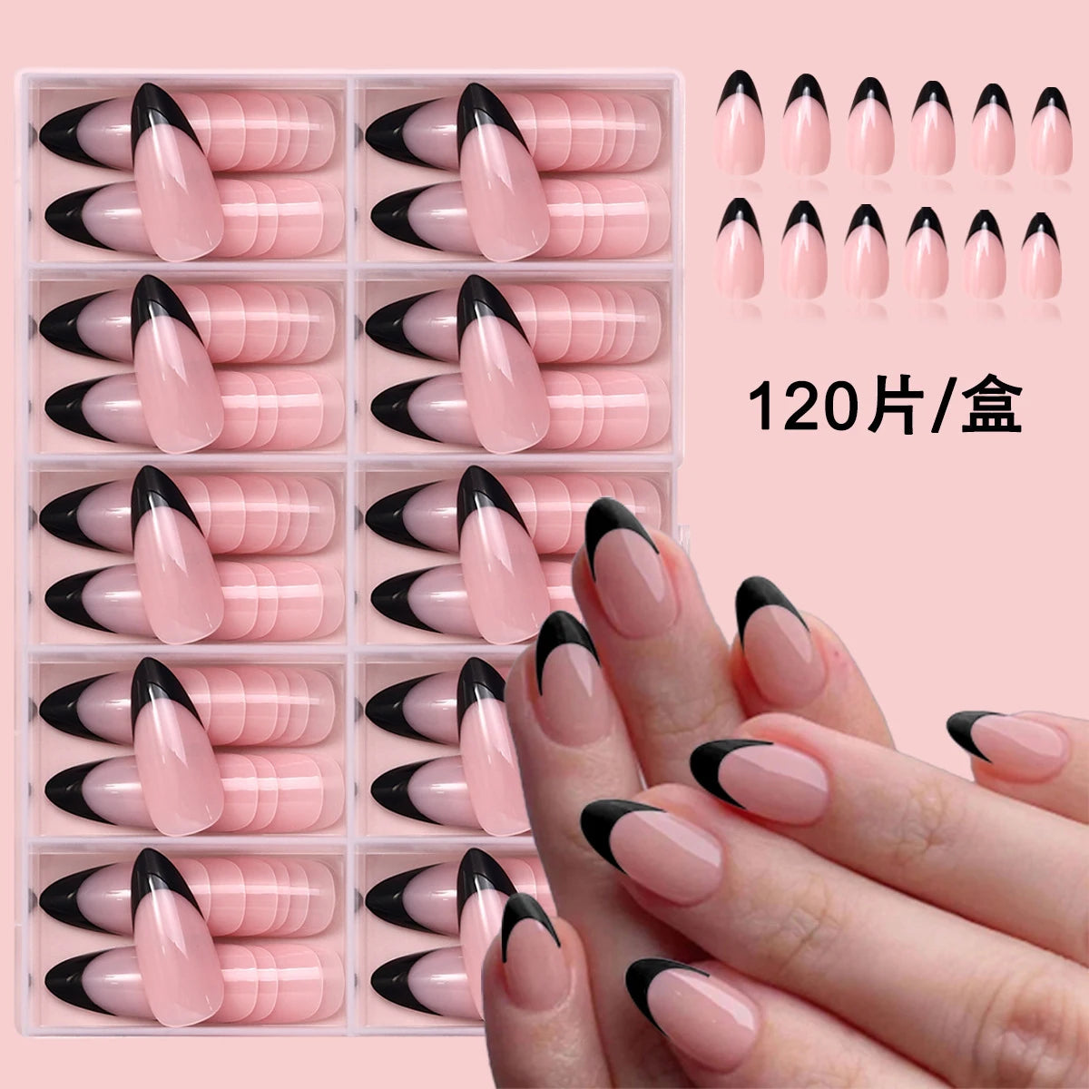 120Pc Almond-Shaped French Tip False Nails - Full Coverage Press- Nails with Nude/Pink Striped or Solid Tips Weddings Daily Wear