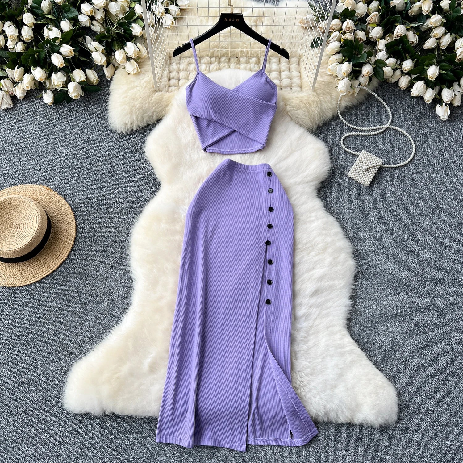 Foamlina Summer Sexy 2 Pieces Set for Women Solid V Neck Sleeveless Crop Camis Top and High Elastic Waist Split Long Skirt Suits