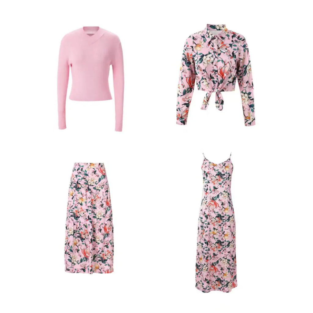 AP 2025SS Women Floral Satin Slip Dress Light Pink Knitting V-neck Sweater Elegant Lady Skirt