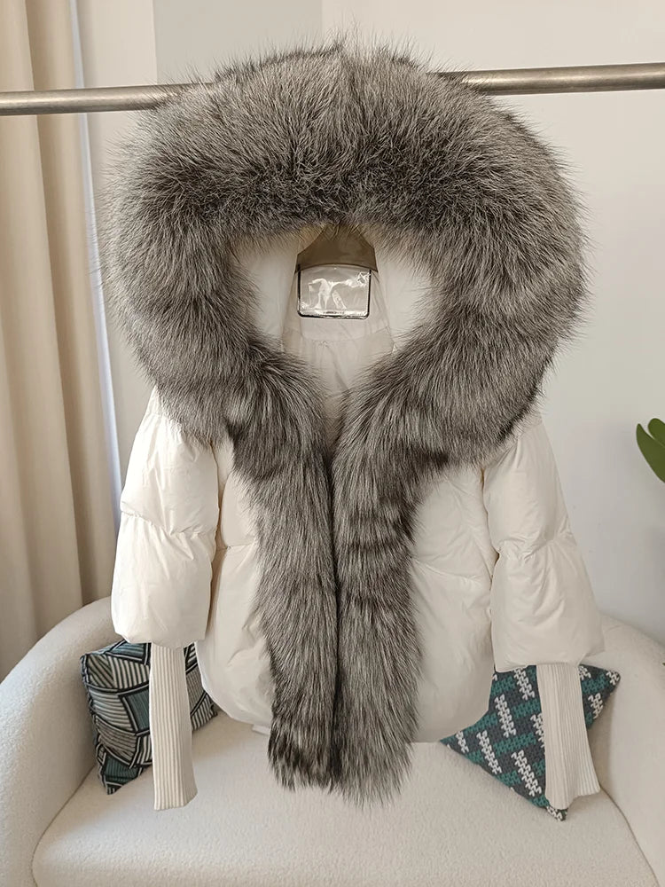 2024 Winter Puffer Jacket Women Real Fox Fur Collar Hooded Natural Thick Warm Loose Oversize Duck Down Coat Streetwear Outerwear