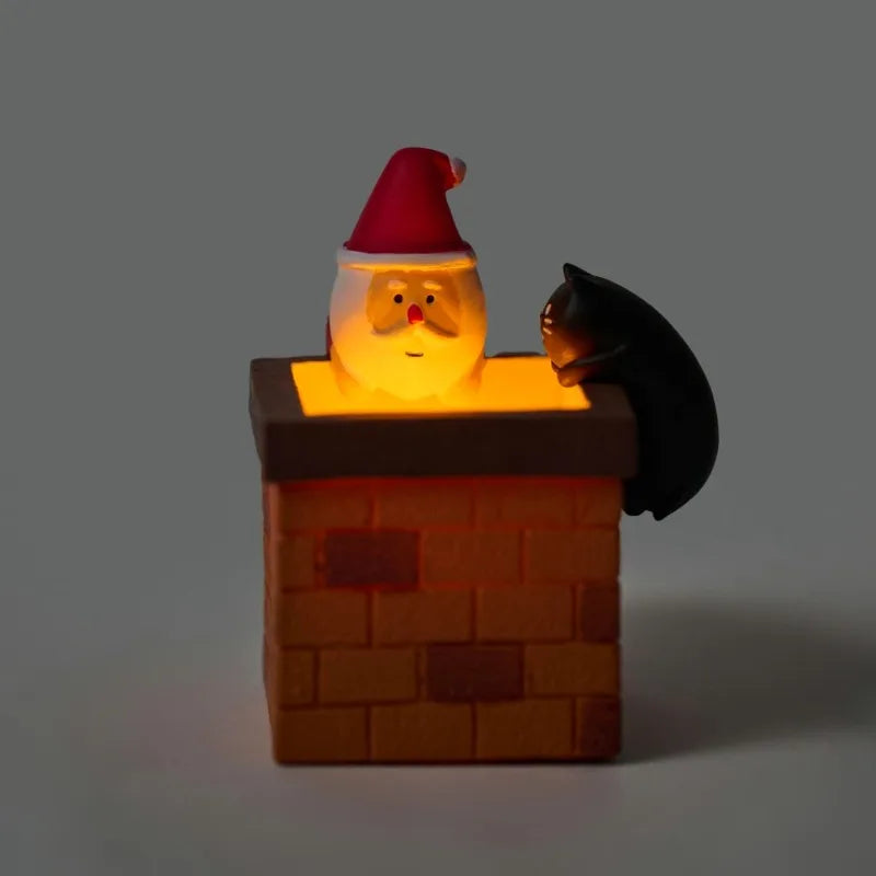 1 PC Glowing Chimney Santa Claus and Cat Decoration Illuminated Novelty Christmas Gift for Holiday Display Resin Figurines Craft