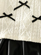 2-Piece Set: Girls' White Bow-Knot Hollow-Out Long-Sleeve Top + Black Pu Leather Skirt Set, Sweet and Cute Fashionable Skirt Set for Girls, Young Lady Style Knitted Top and Short Skirt Two-Piece Set, Casual Spring and Autumn