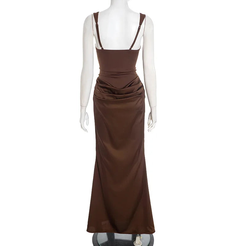Elegant Y2K Low Cut Maxi Dress for Women Bodycon Ruched Sleeveless Backless Sexy Autumn Winter Party Club Dresses Outfit Gift