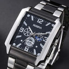Men Watches Steel Fashion Elegant Rectangle Dial Steel Clock Quartz Watch Men's Silver-Black Cool Wristwatch Masculino Relogio