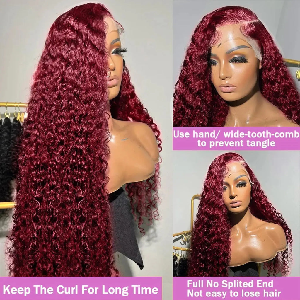 99j Burgundy Curly 13x6 Hd Lace Frontal Human Hair Wig Deep Wave Real Colored Brazilian Pre Plucked Wigs For Women 250 Density