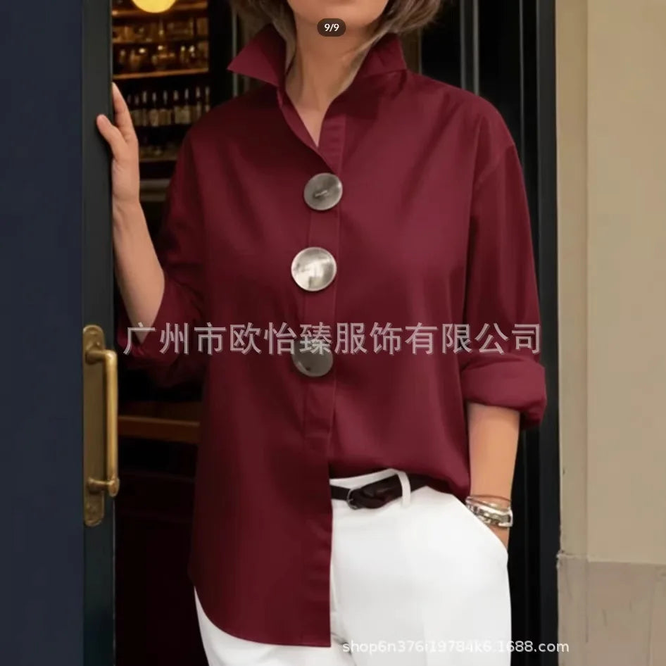 Women Casual Solid Loose Shirt Tops Spring Summer Fashion Lapel Shirt Long Sleeve Blouse Metal Button Top Office Ladies Blouses