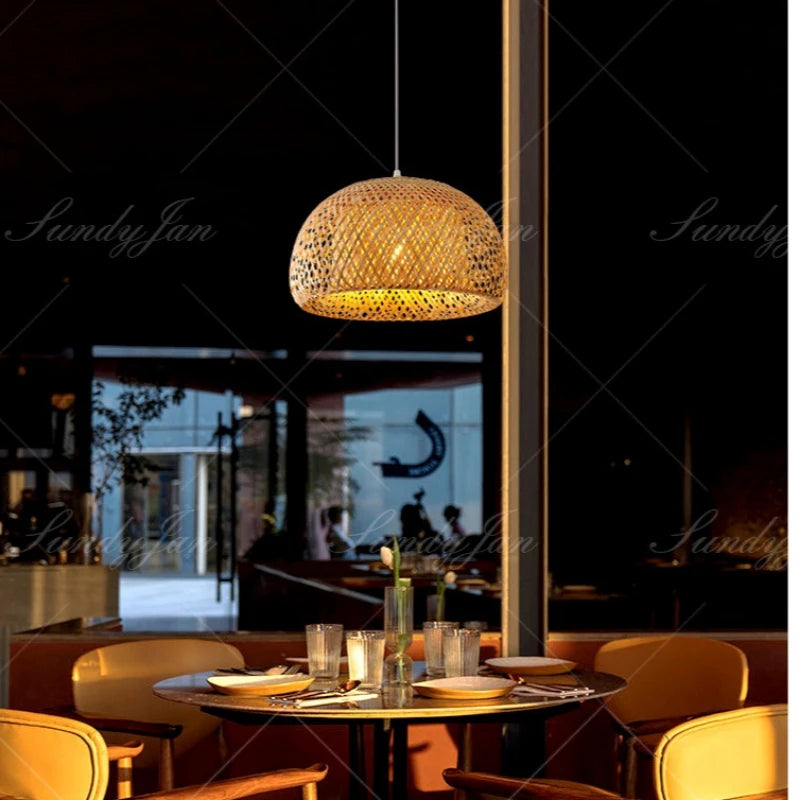E27 Bamboo Lantern Pendant Lamp 30cm Natural Rattan Wicker LED Chandeliers Hand-Woven Lampshades Lighting Fixture Hanging Light