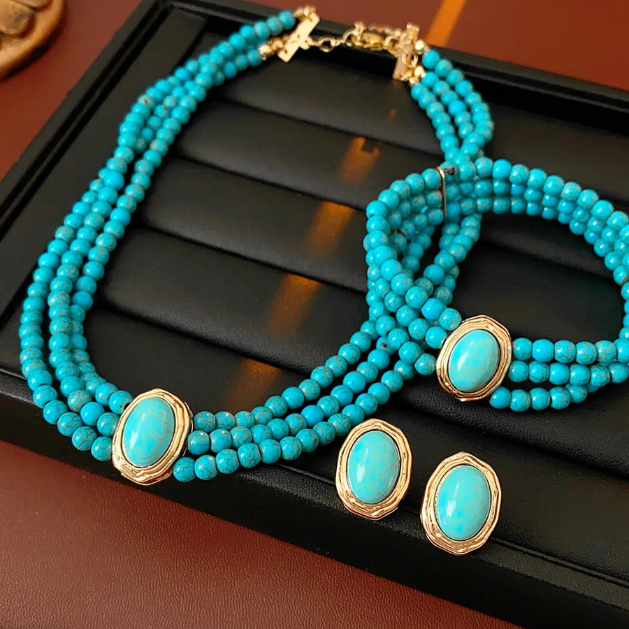 1/3 Pcs Bohemian Multi-layered Green Stone Beaded Stretch Bracelet Earrings Necklace Ethnic String Charm Women's Jewelry Set N1