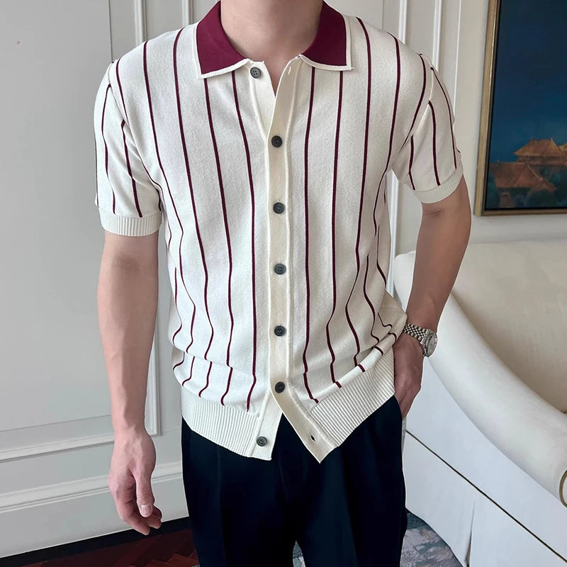 Casual Mens Knitting Shirts Vintage Contrast Color Striped Knit Cardigan Tops Men 2025 Summer Fashion Buttoned Lapel Slim Shirt