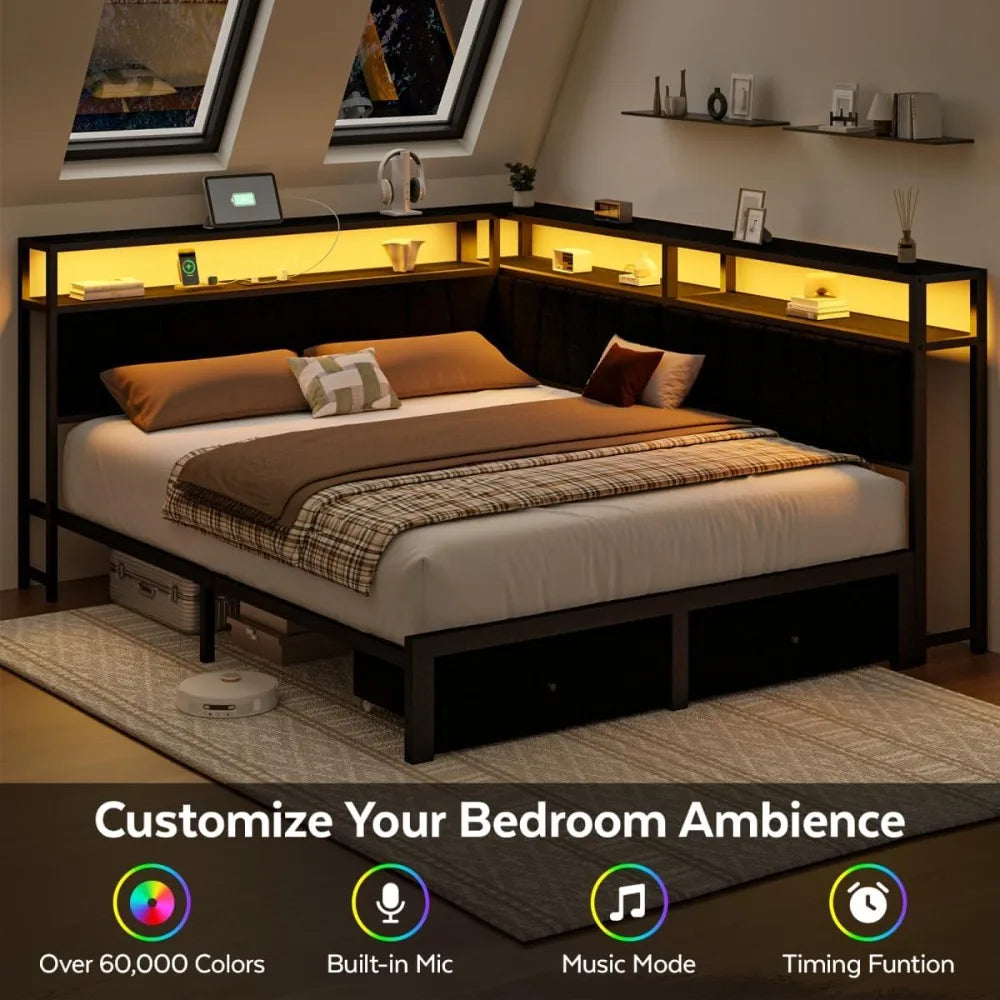 Queen Corner Bed Frame with Storage Drawers, LED Lights & Charging Station, Upholstered Metal Platform Daybed