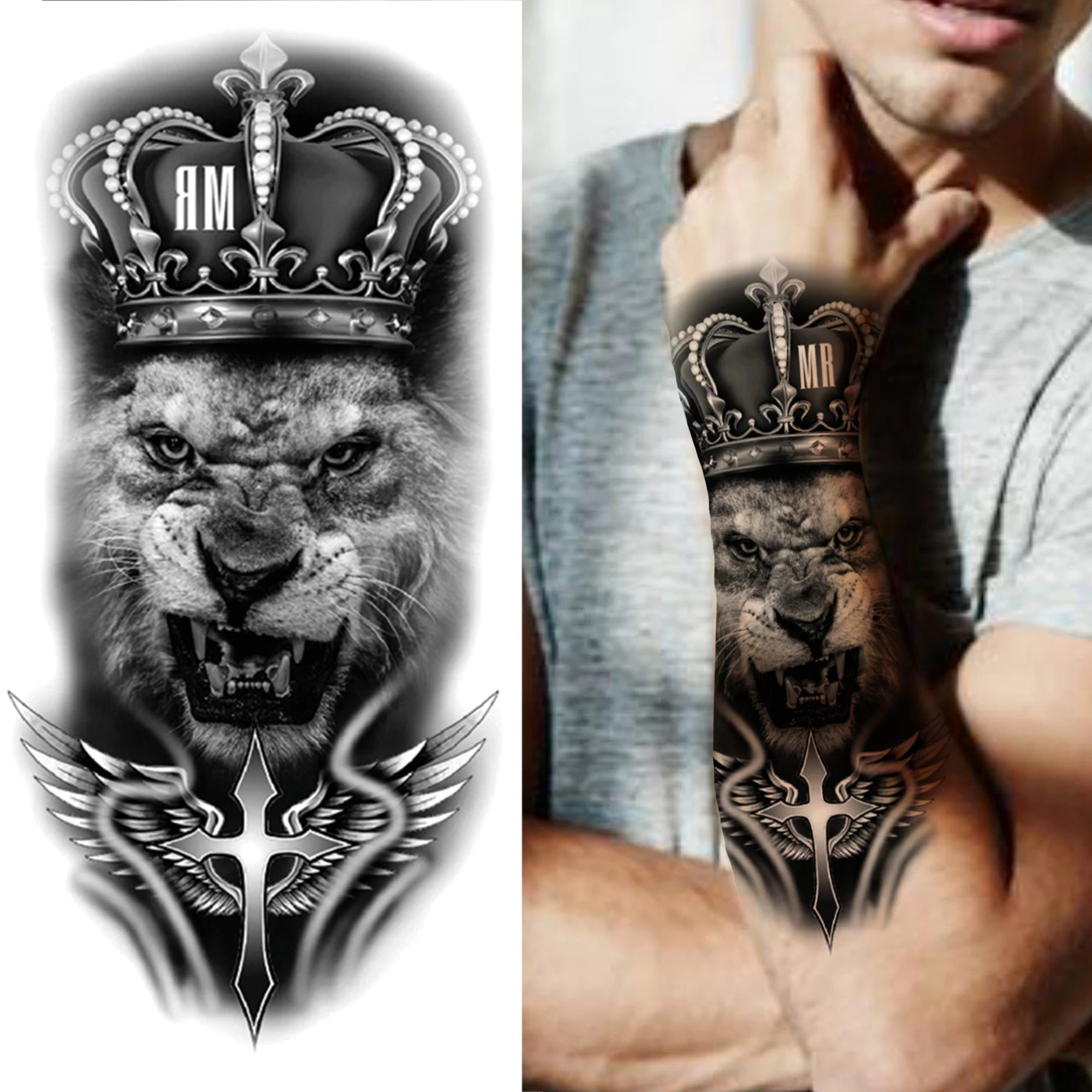 1pc Lion Men Waterproof Temporary Tattoos Fake Stickers Arm Hand Cool Art Black Transfer Clock Tattoo Stickers Wolf Tiger Tattoo