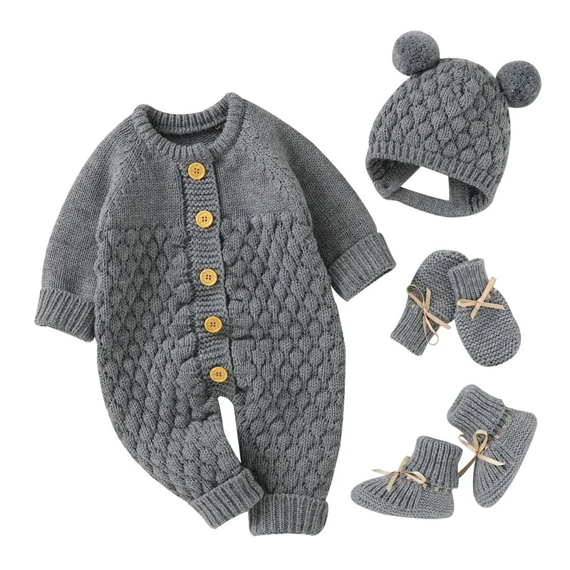 Newborn Baby Clothes Set Knitted Infant Girl Boy Romper +Hat +Gloves +Shoes Fall 4PC Long Sleeve Jumpsuit Outfits +Mitten +Boots