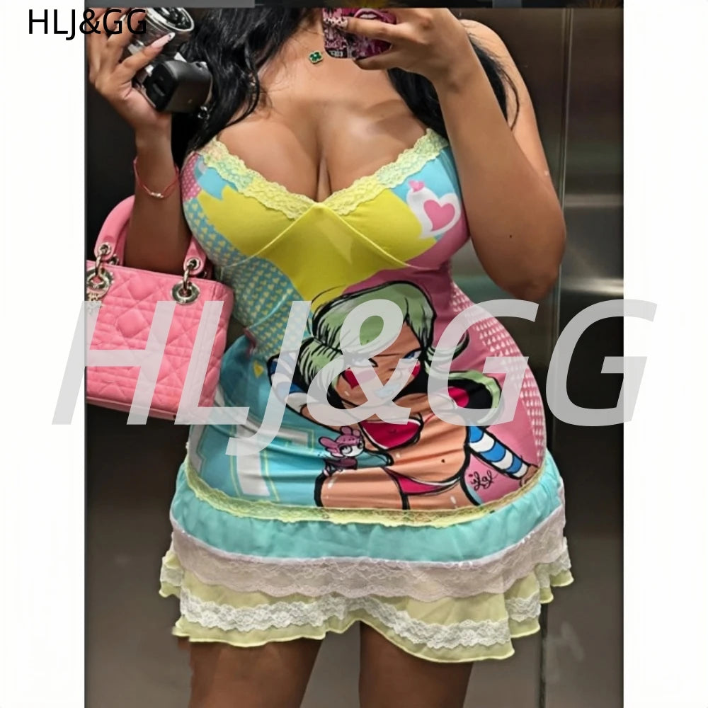 HLJ&GG Y2K Fashion Lace Splicing Bodycon Spaghetti Strap Mini Dresses Women Sleeveless Backless V Neck Slim Vestidos Streetwear