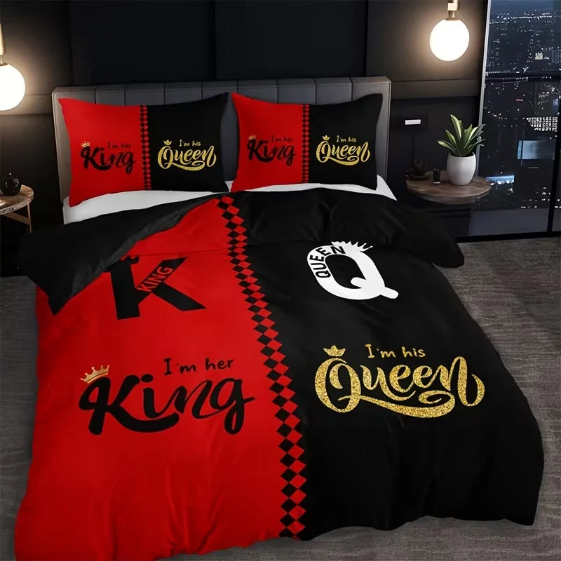 Dark Red And Black Three-Piece Bedding Set with Queen & King Size Featuring Printed English Letters on The Duvet Cover