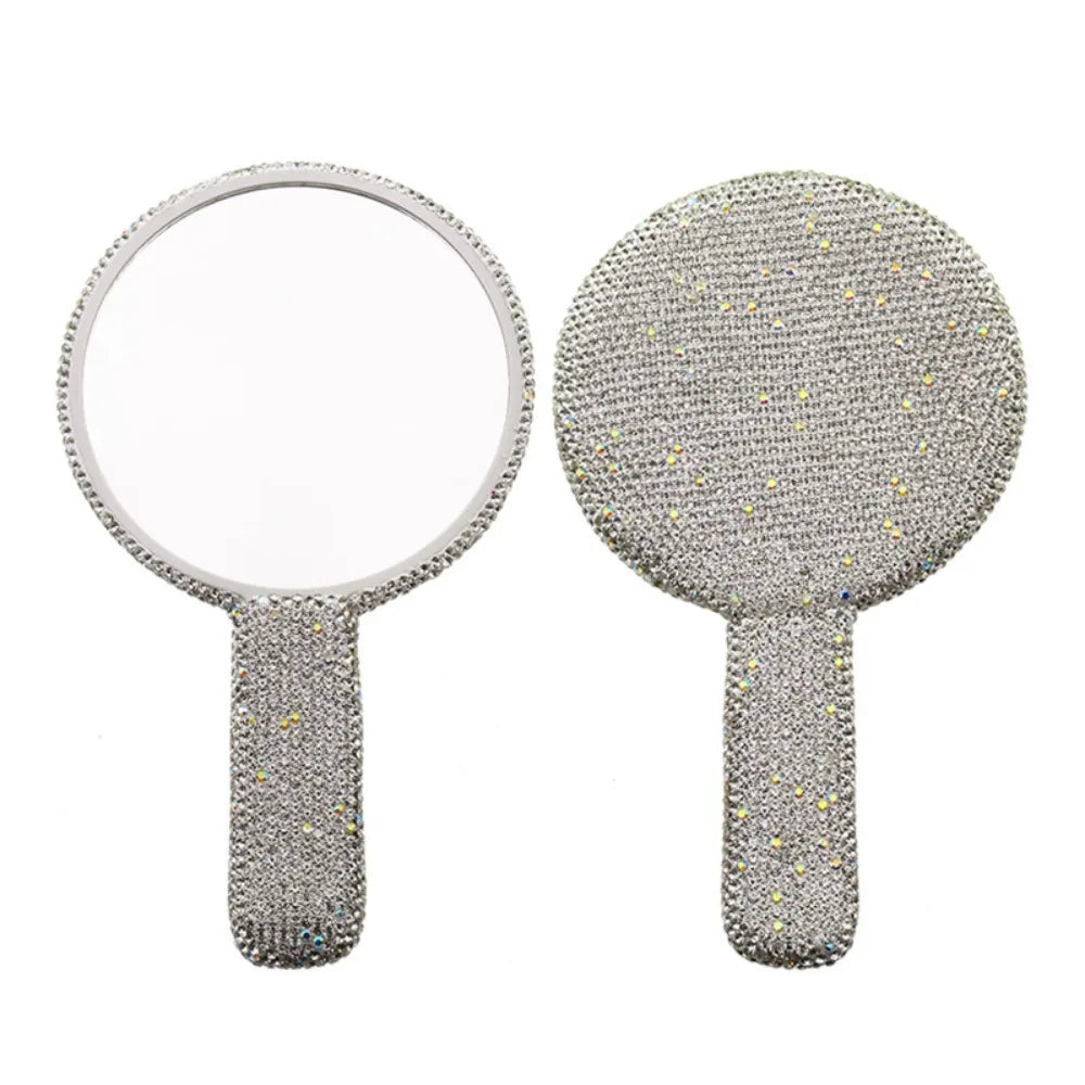 Cute Rhinestone Makeup Mirror Round Square Heart Shape Shiny Bling Cosmetic Hand Mirror Portable with Handle Handheld Mirror