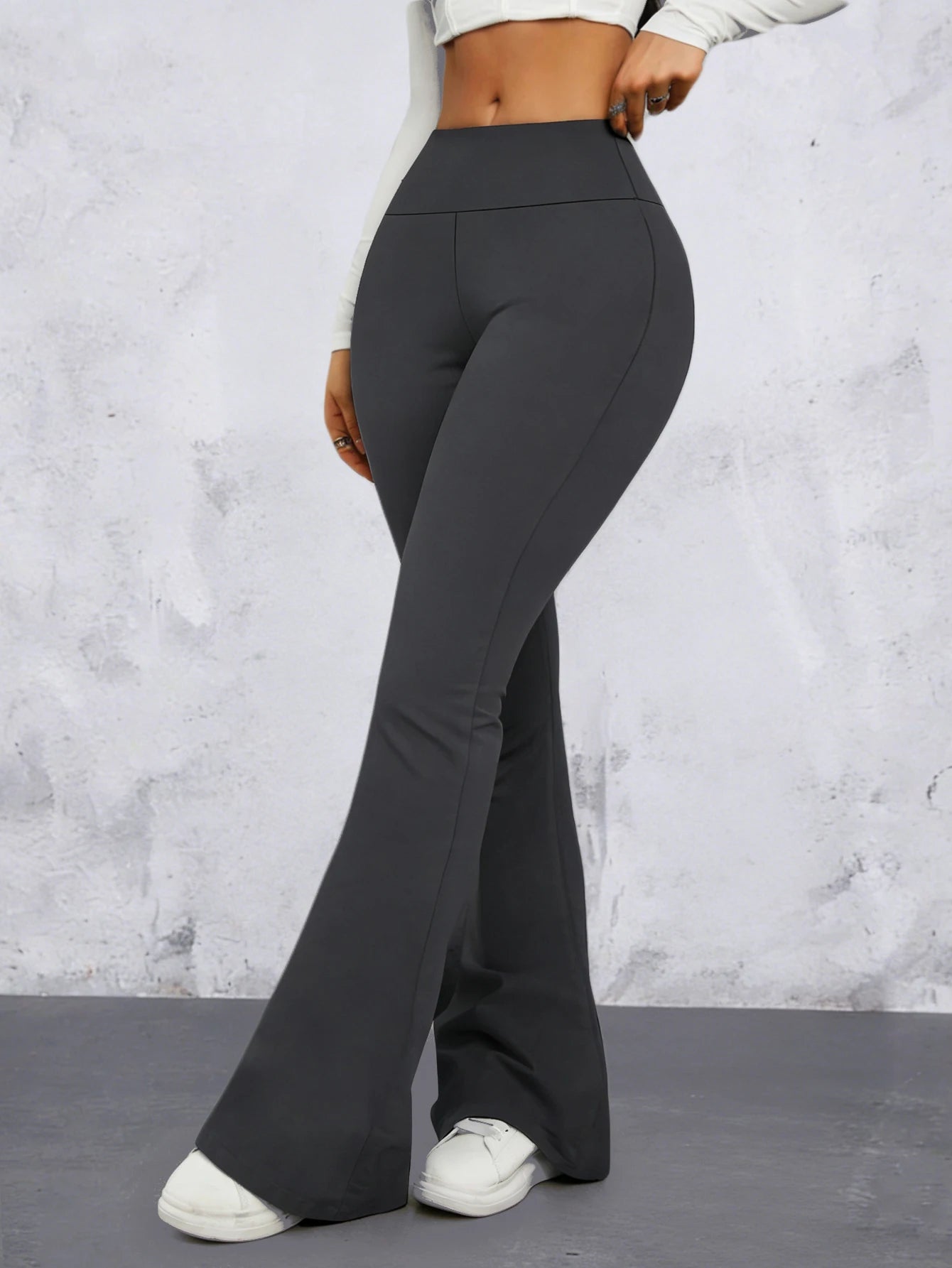 Women High-waisted Dark Gray Flared Pants Hip-lifting, Spring Style Size-matched Slim-fit Pants Summer Casual Sports Pants