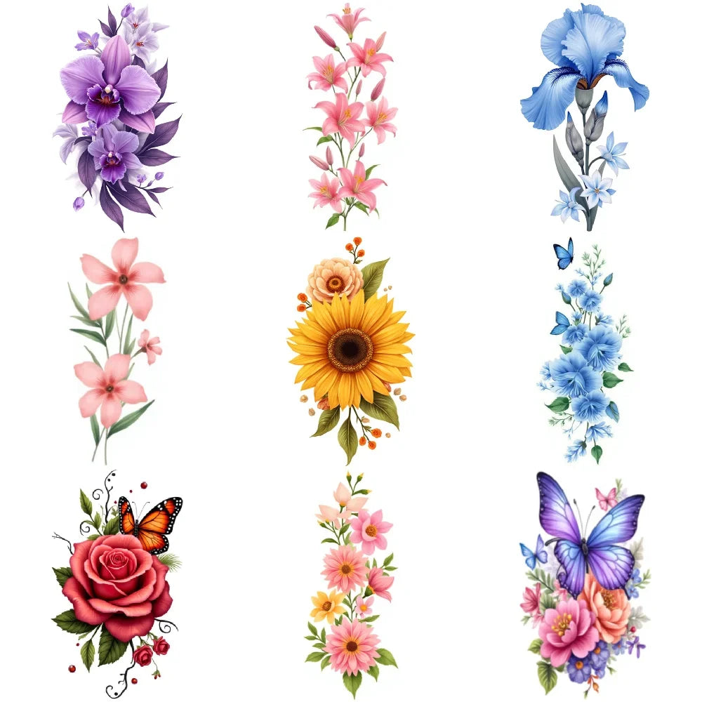 9pcs Colorful Flower Temporary Tattoos Stickers 3D Disposable Body Arm Tatoo Sticker Men Women Waterproof Fake Tatoos