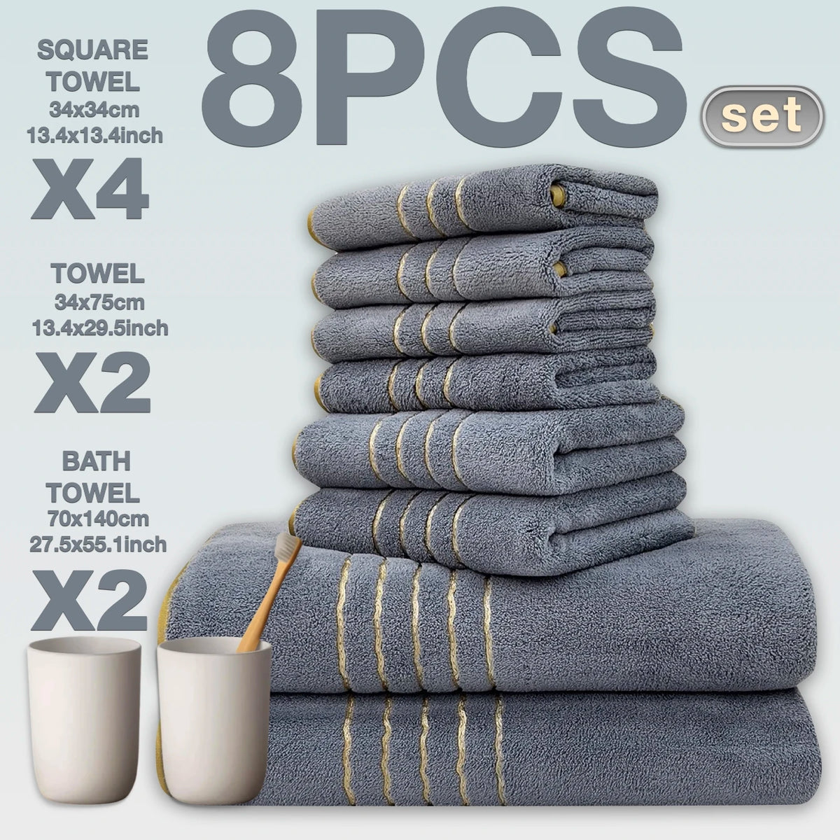 2/3/6/8 Pcs Bath Towel Set White & Gray with Gold Accents, Soft Absorbent Premium Towels for Home, Hotel & Bathroom