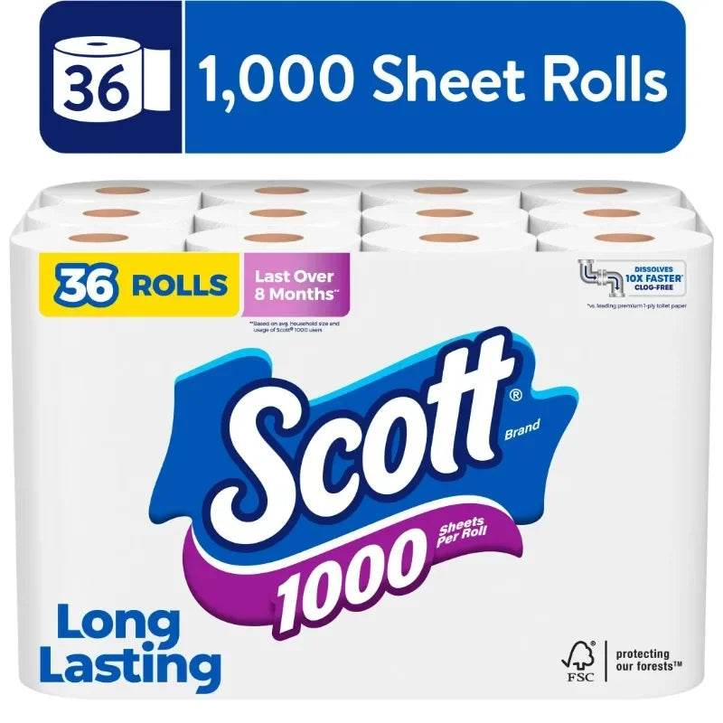Scott 1000 Series Toilet Paper - 36 Rolls of 1000 Sheets per Roll - Soft & Durable Household Bathroom Tissue