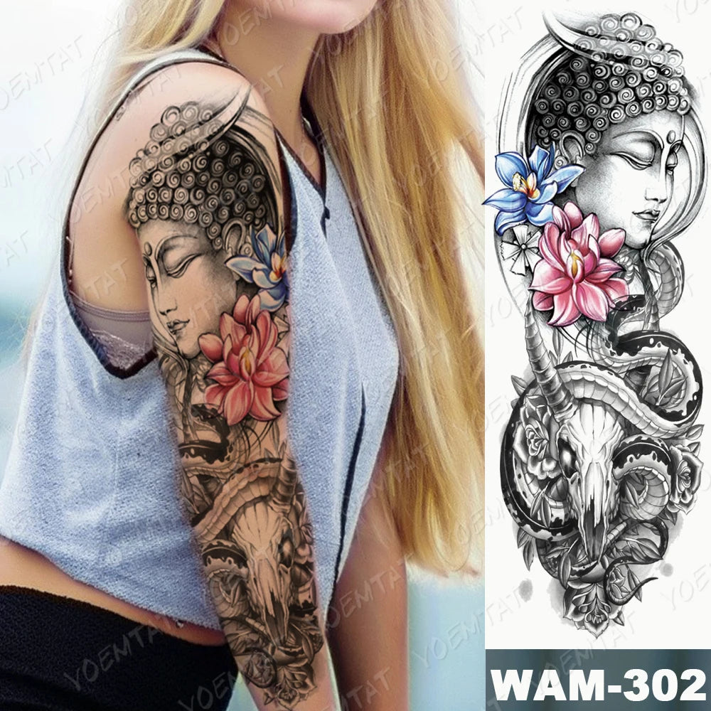 Large Arm Sleeve Tattoo Gun Rose Lion Waterproof Temporary Tattoo Sticker Clock Flower Waist Leg Body Art Full Fake Tatoo Women