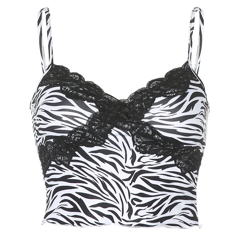Casual Y2k Lace Zebra Stripes Women T Shirt Sleeveless Slim Sexy Sling Clothing 2023 Summer Fashion Crop Top Goth Punk Camisetas