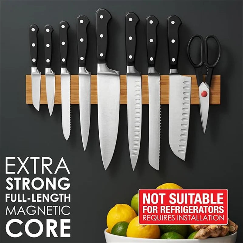 16 Inch Magnetic Knife Strip, Acacia Wood Powerful Magnetic Knife Holder for Wall, Wall Mounted Kitchen Knife Bar Rack for Home
