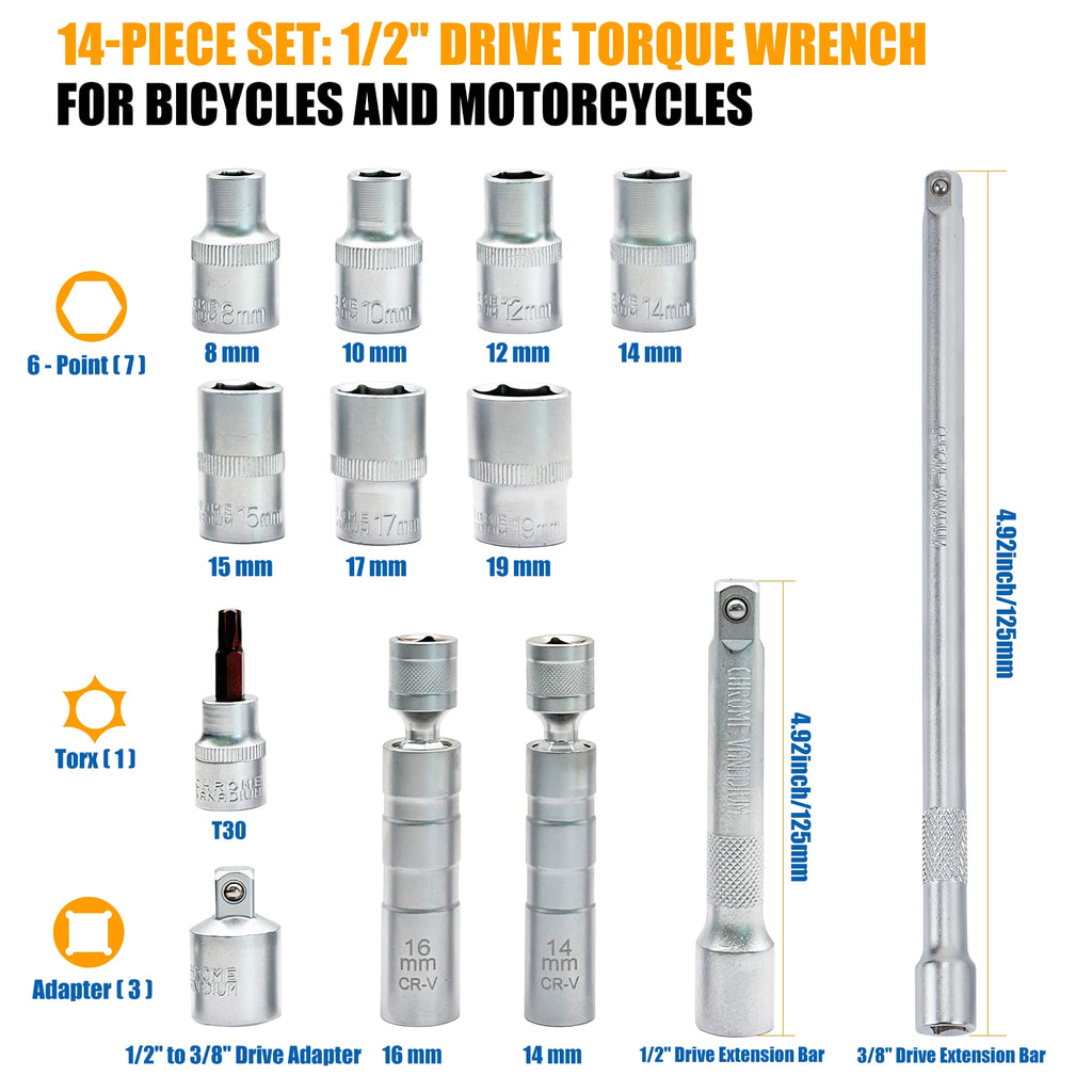 Waxtron 1/2'' Torque wrench 5-45ft.lb Bicycle Professional Torque Wrench Adjustable Set 14PCS For Bike Motorcycle Hand Tools