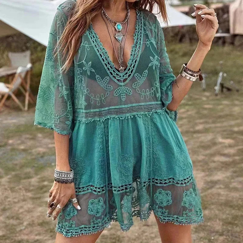 Women's Mesh Bikini Cover-up Deep V-neck Sexy Swimsuit Set Summer Loose Beach Short Sleeve Lace Hollow Out Dress