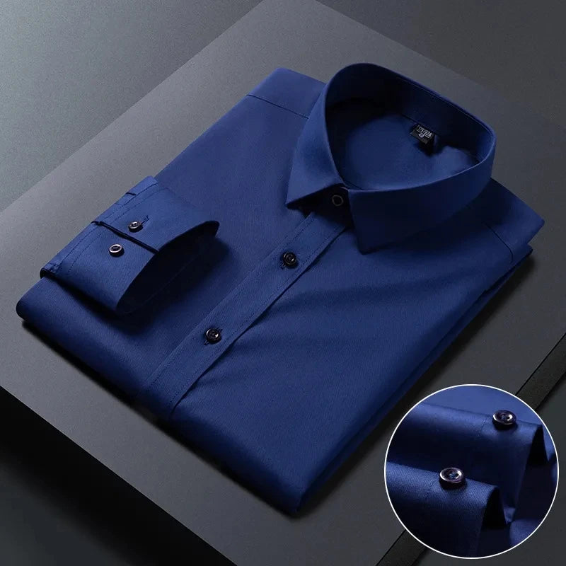Spring Autumn Men Long Sleeve Shirts Business Casual Wrinkle Resistant Solid Color Formal Dress Slim Fit Work Social Shirt S-8XL