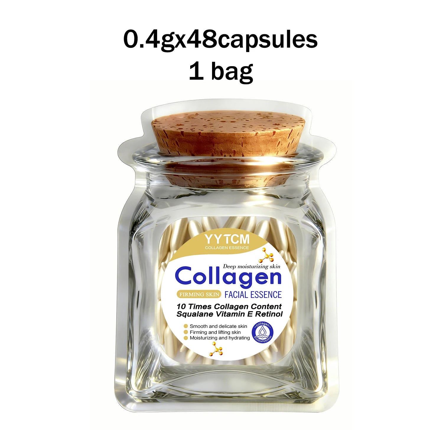 Collagen Firming Capsule Essence, Moisturizing and Hydrating for Smooth Skin, Contains Plant-Based Squalane, Retinol, and Vitamin E Deep Hydration Essence (0.4Gx30 Capsules)/Bag-1 Bag